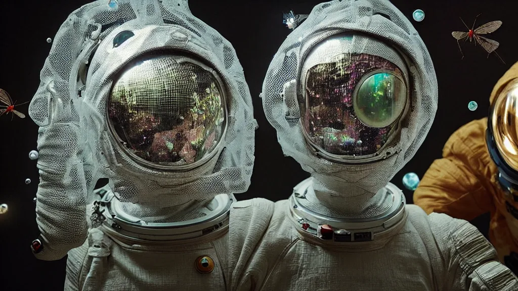 Image similar to a single astronaut eva suit covered in diamond 3d fractal lace iridescent bubble 3d skin and covered with insectoid compound eye camera lenses floats through the living room, film still from the movie directed by Denis Villeneuve with art direction by Salvador Dalí, wide lens,