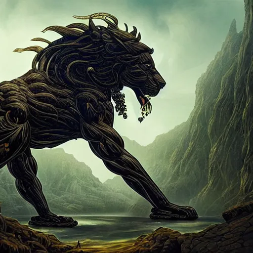 Image similar to black lion's god with body made from gold lightnings surrounded by epic forest and mountains, colossal scale, cinematic shot, hyperdetails, by Evgeniy Antonenkov and James Jean