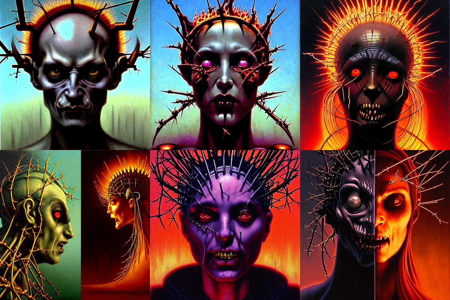 Prompt: cinematic masterpiece bust portrait of a gothic degenerate cyberpunk trader demon goddess on fire, head and bust only, crown of wires and thorns, by Wayne Barlowe, by Leonardo DaVinci, by Tim Hildebrandt, by Bruce Pennington, by Zdzisław Beksiński, by Paul Lehr, oil on canvas, masterpiece, trending on artstation, featured on pixiv, cinematic composition, astrophotography, dramatic pose, beautiful lighting, sharp, details, details, details, hyper-detailed, no frames, HD, HDR, 4K, 8K