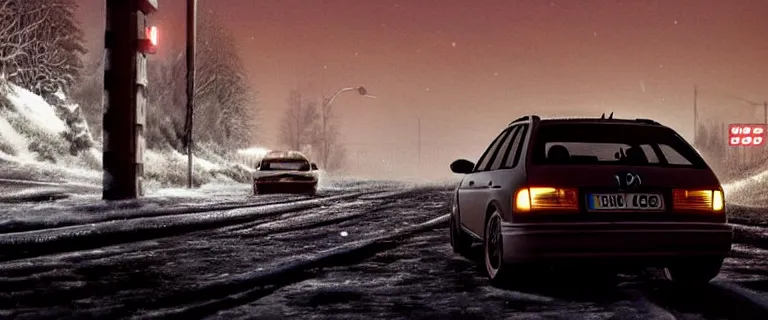 Image similar to Audi A4 B6 Avant (2002), a gritty neo-noir, Robot horror, dramatic bright lighting, cinematic, establishing shot, extremely high detail, photorealistic, cinematic lighting, artstation, by simon stalenhag, Snowy italian road, Snowy Apennines, At night, Poets of the Fall - Late Goodbye