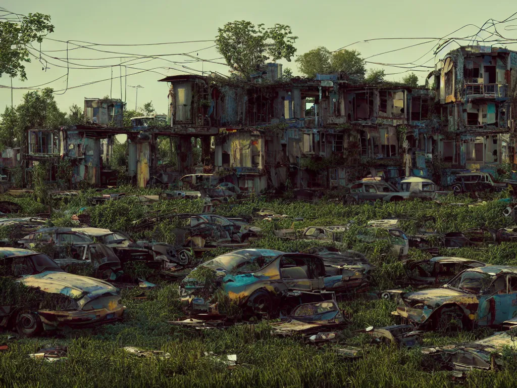 Prompt: beautiful house made from junkyard scrap parts, in an abandoned car lot overgrown, junk architectural, futuresynth, scrapyard architecture, blender, morning, ruined city in the background, trending on artstation