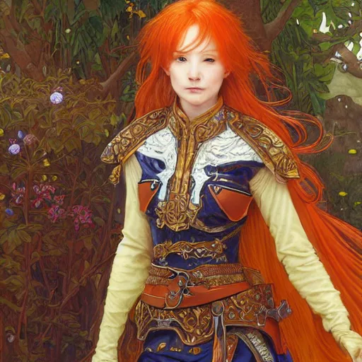 Image similar to Asuna Yuuki, young woman with orange hair wearing a partial paladin armor with a red skirt and white top, face, fantasy, intricate, elegant, highly detailed drawn by Donato Giancola and Tom Bagshaw, face by Artgerm and Edmund Leighton, Alphonse Mucha, background by James Jean and Gustav Klimt, 4k, porcelain skin, komorebi, french nouveau, trending on pixiv, octane render, hyperrealistic