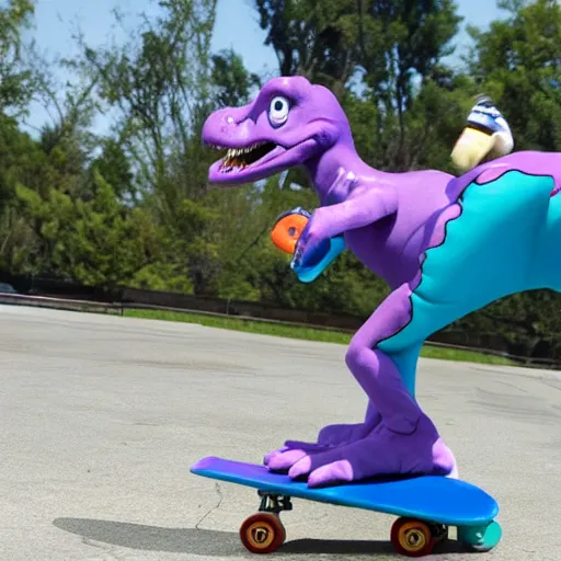 Image similar to photo of barney the dinosaur skateboarding