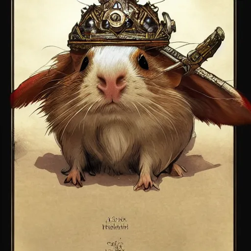 Image similar to A heraldic Prince Guinea Pig with big cute eyes, D&D, fantasy, intricate, cinematic lighting, highly detailed, digital painting, artstation, concept art, smooth, sharp focus, illustration, art by Akihiko Yoshida, Greg Rutkowski and Alphonse Mucha