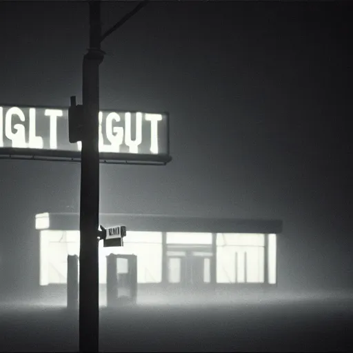 Image similar to A stunningly beautiful award-winning 8K high angle cinematic movie photograph of a foggy intersection in an abandoned 1950s small town at night, by Edward Hopper and David Fincher, cinematic lighting, perfect composition, moody low key volumetric light.