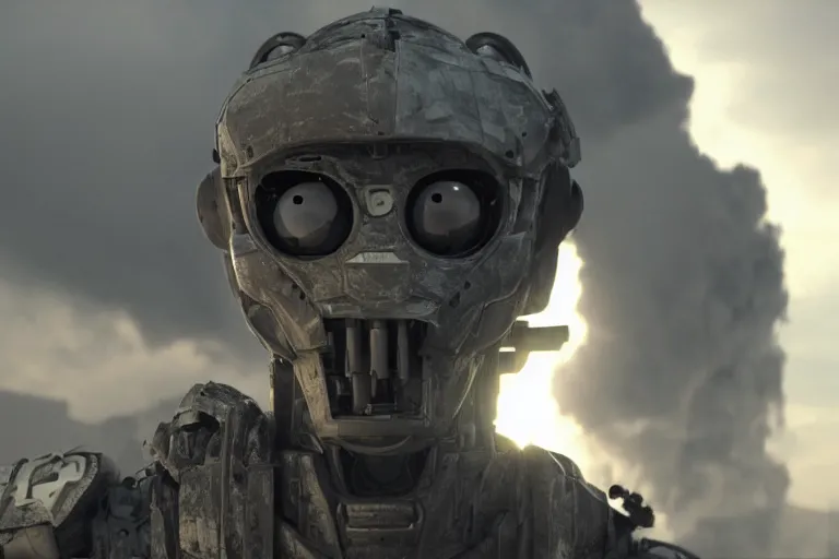 Image similar to VFX movie of a futuristic alien robot mercenary closeup in war zone, natural lighting by Emmanuel Lubezki