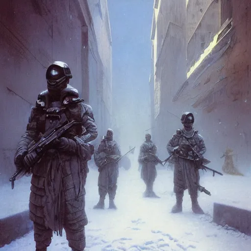 Prompt: portrait of futuristic soldiers squad on the art deco streets of the undying empire city of ya - sattra during the festival of masks, snow, winter, award - winning realistic sci - fi concept art by beksinski, bruegel, greg rutkowski, alphonse mucha, and yoshitaka amano