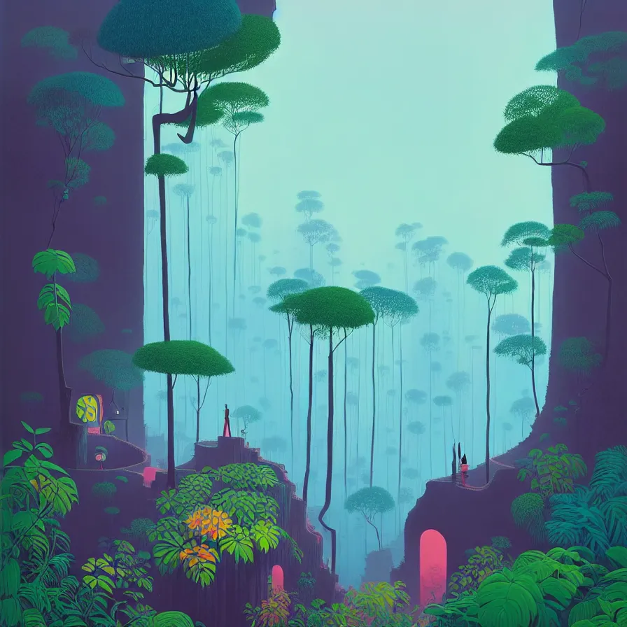 Prompt: ( ( ( gediminas pranckevicius ) ) ), bukit perak jungle summer morning, very coherent and colorful high contrast art by james gilleard floralpunk screen printing woodblock, dark shadows, pastel color, hard lighting