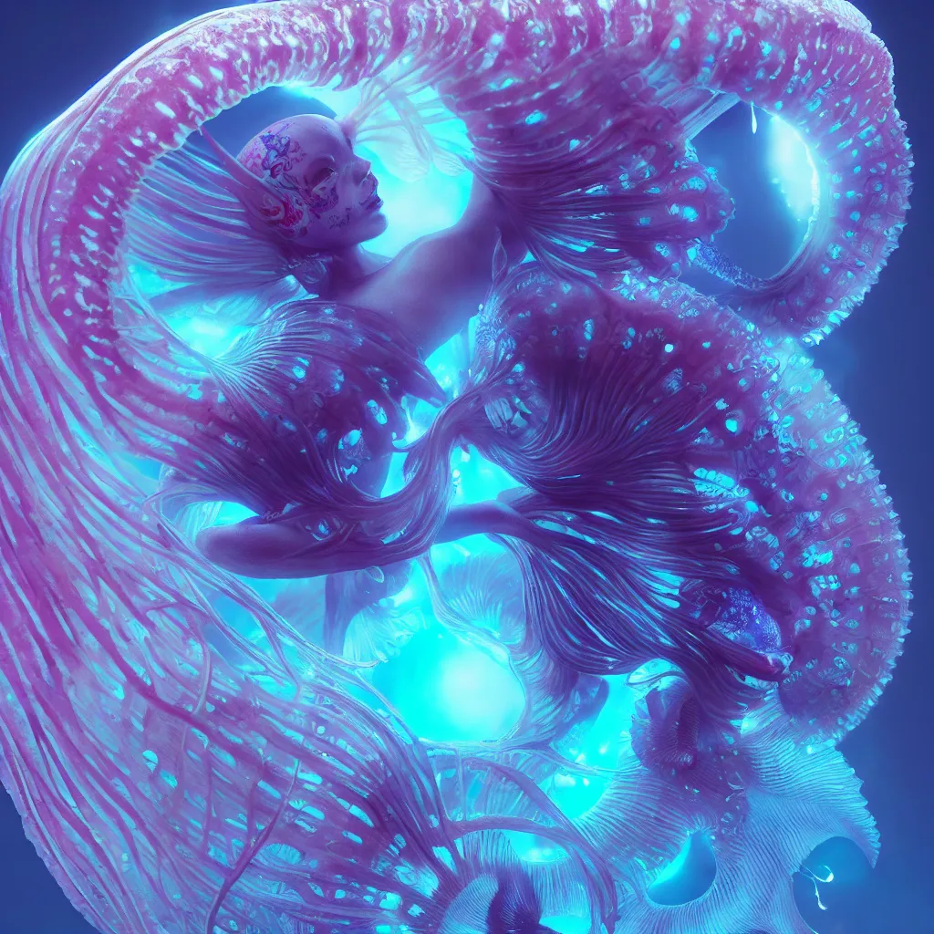 Image similar to goddess close-up portrait. orchid jellyfish phoenix head, nautilus, skull, betta fish, bioluminiscent creatures, intricate artwork by Tooth Wu and wlop and beeple. octane render, trending on artstation, greg rutkowski very coherent symmetrical artwork. cinematic, hyper realism, high detail, octane render, 8k