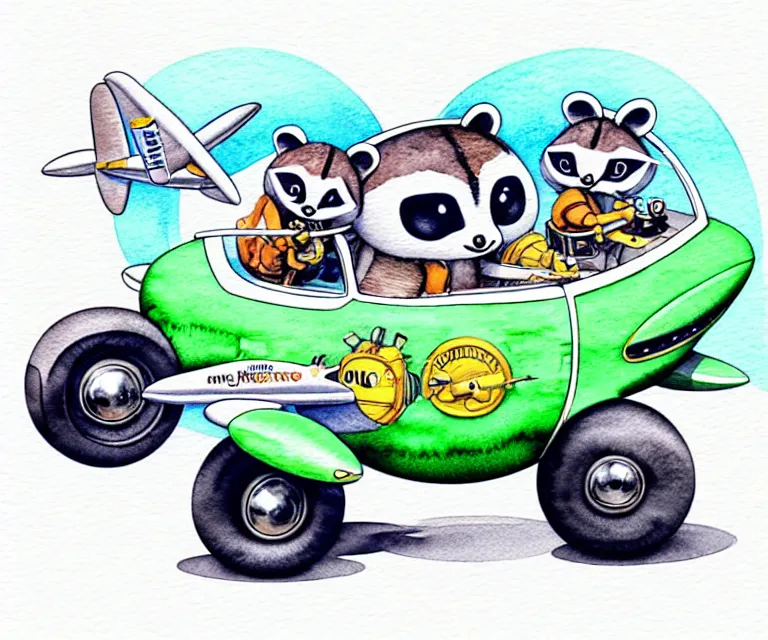 Image similar to cute and funny, racoon riding in a tiny airplane with oversized engines, ratfink style by ed roth, centered award winning watercolor pen illustration, isometric illustration by chihiro iwasaki, edited by range murata, tiny details by artgerm and watercolor girl, symmetrically isometrically centered