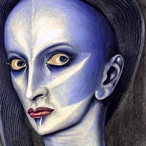 Image similar to Close-up of the cenobite woman, pencil drawing. El Greco, Remedios Varo, Salvador Dali, Carl Gustav Carus, John Atkinson Grimshaw. Blue tint. Symetrical, logo, geometric shapes.