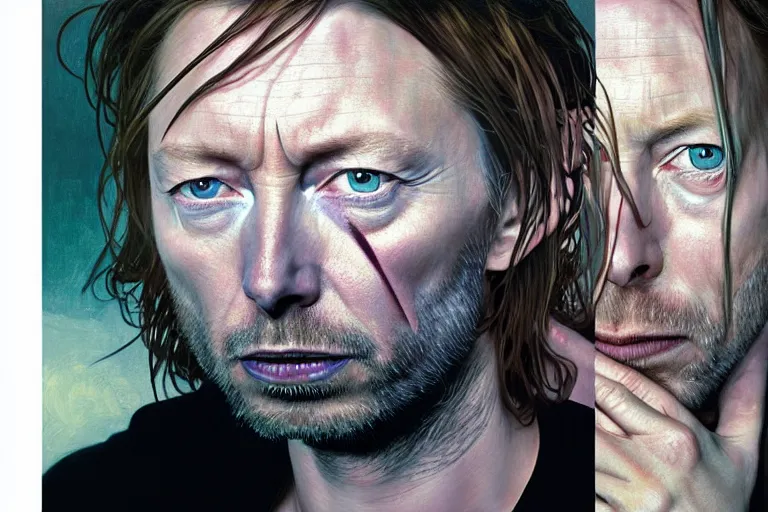 Image similar to hyper realistic portrait of wider faced thom yorke mixed with david bowie, bigger forehead, bigger chin, on a stage, by lee bermejo, alphonse mucha and greg rutkowski