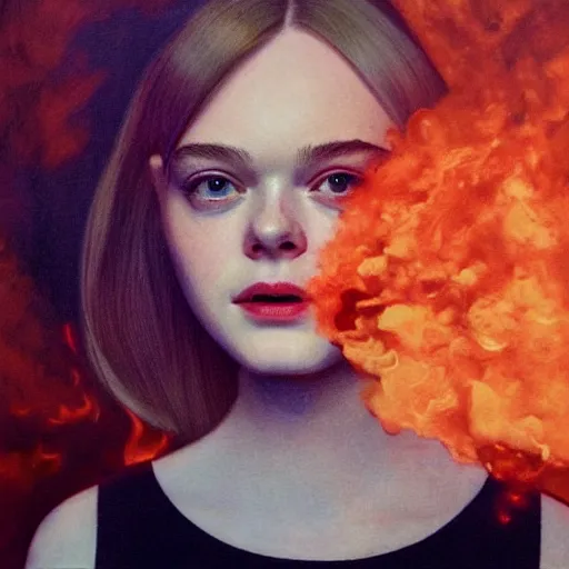 Prompt: Elle Fanning surrounded by orange napalm flames in the style of Paola Vetri, head and shoulders portrait, stormy weather, extremely detailed masterpiece, oil on canvas, low-key neon lighting, artstation, Blade Runner 2049, Roger Deakin’s cinematography, by J. C. Leyendecker and Peter Paul Rubens and Edward Hopper and Michael Sowa,