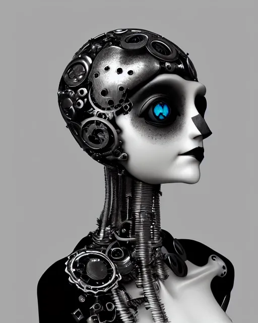 Image similar to black and white dreamy foggy poetic smoky profile face portrait, one silver steampunk realistic eye biomechanical beautiful angelic young female cyclope - cyborg - robot bust, body ribs meshes,, volumetric light, hibiscus flowers, by man ray, rim light, big gothic fashion pearl embroidered collar, 8 k