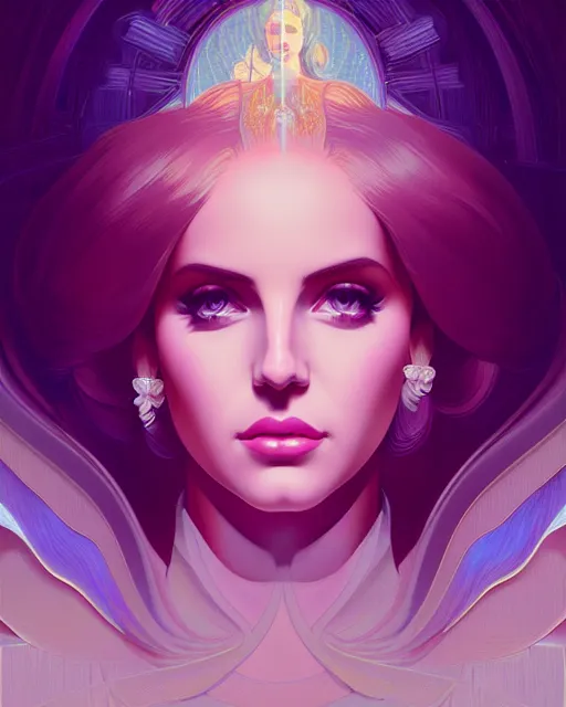 Image similar to symmetry portrait of lana del rey, glam, deco, glowing lights intricate, elegant, highly detailed, digital painting, artstation, concept art, smooth, sharp focus, illustration, art by artgerm and greg rutkowski and fra angelico and alphonse mucha