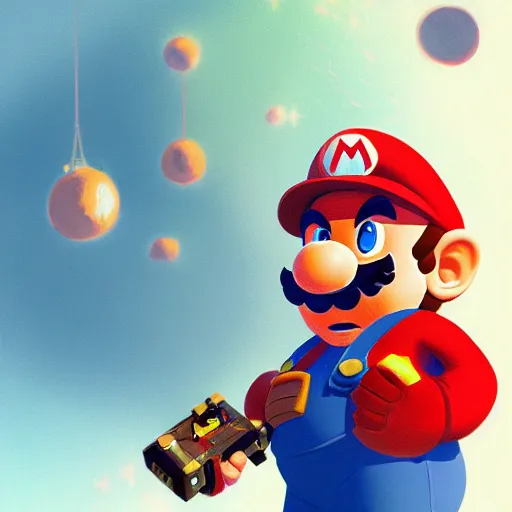 Image similar to mario in space by greg rutkowski, digital art, trending on artstation, highly detailed