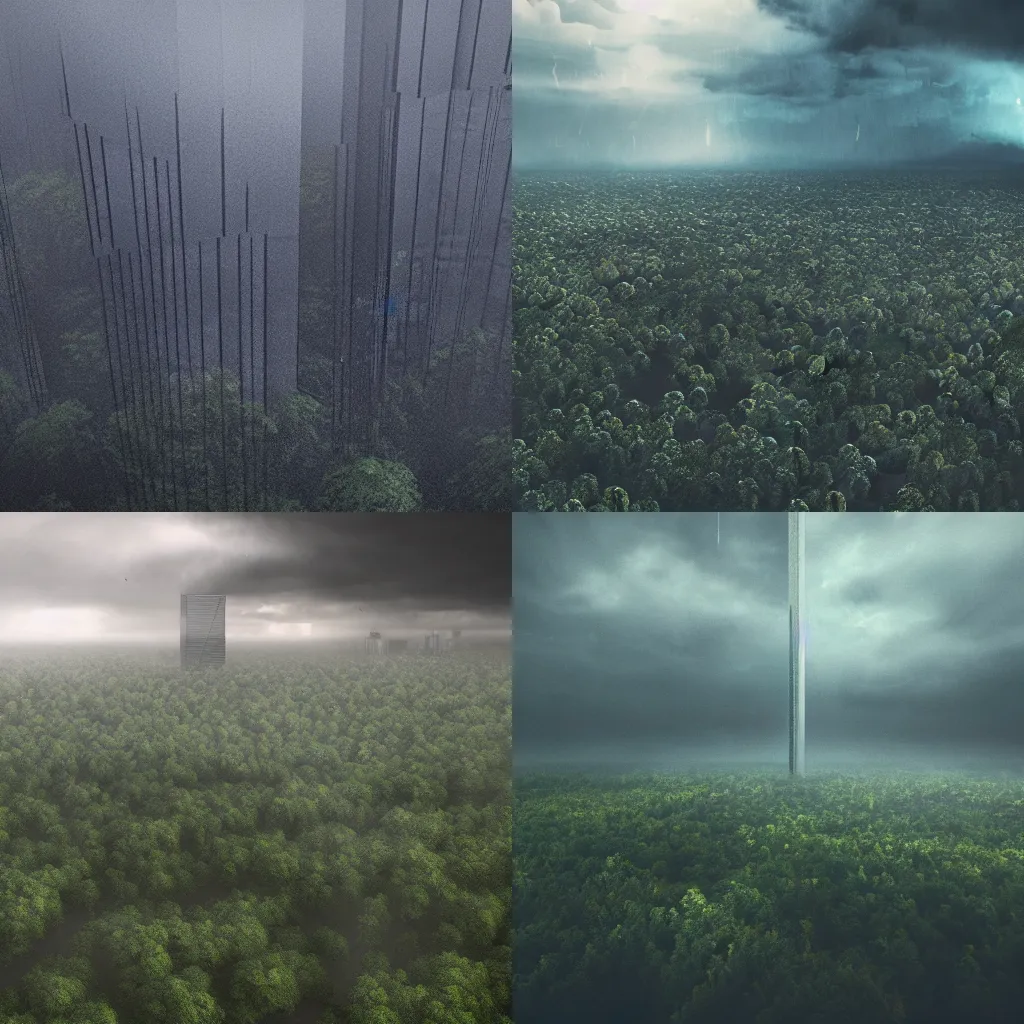 Image similar to A skyscrapper in center of a forest, rain, dramatic sky, aerial view, hyperrealism, 4k octane render, photorealistic concept art, highly detailed