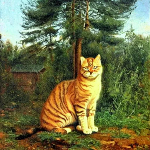 Image similar to huge cat near houses, oil painting by Ivan Shishkin