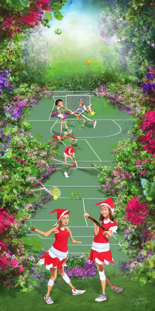 Image similar to Two elves playing tennis on a tennis court made of flowers, digital art