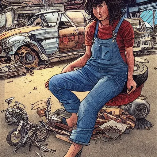 Prompt: “illustration of a tough looking woman sitting in a junkyard. Overalls and tools . Science fiction. Art by Mœbius. Character portrait. Character design. Concept art. Detailed face.”