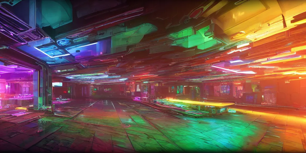 Image similar to a seamless HDRI of highly detailed circuitry and neural pathways in rainbow hues, cyberpunk, unreal engine 4K,