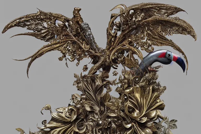 Prompt: beautiful render of catholic rococo roses veiled toucan sculpture with symmetry intricate detailed, by Edward Burne-Jones and aaron horkey and NekroXIII and Billelis and peter gric, artstation, ZBrush, maximalist, glittering, gold, silver, ivory, hyperreal