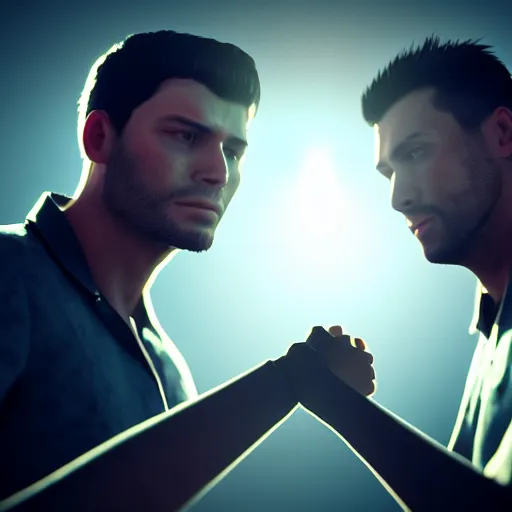 Image similar to two man giving a handshake and petting each other on the shoulder ultra realistic, lens flare, atmosphere, glow, detailed, intricate, full of colour, cinematic lighting, trending on artstation, 4 k, hyperrealistic, focused, extreme details, unreal engine 5, cinematic, masterpiece, ultra realistic, hyper realistic, highly detailed, sharp focus, digital art