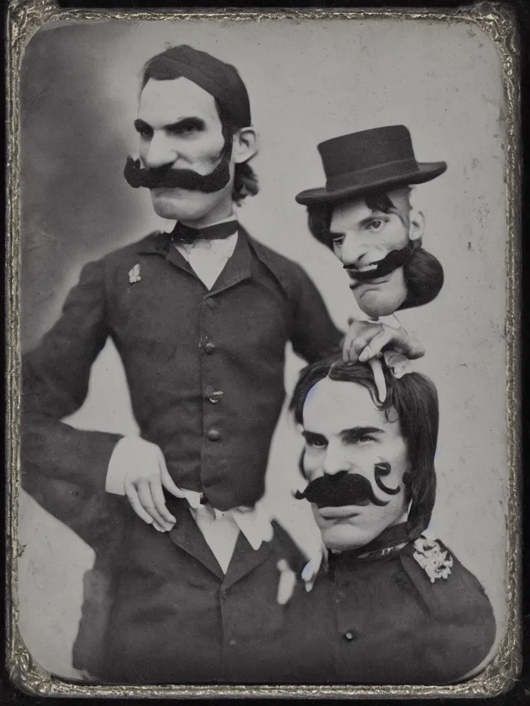 Image similar to Waluigi civil war era photograph, tintype photo, daguerreotype, ultra realistic, 8k, journalistic photography, black and white