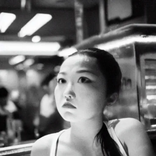 Prompt: a girl leaning against the counter in a night club staring at the camera, photograph by Wong Kar-wai and Quentin Tarantino