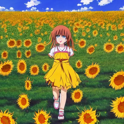 Image similar to Anime young girl in the style of Kyoto Animation running through a field of sunflowers