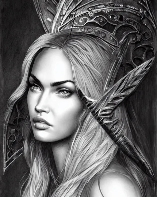 Image similar to portrait of beautiful megan fox as greek goddess aphrodite, archer, arrow on the head, beautiful piercing eyes, flowing blonde hair, realistic face, black and white drawing, in the style of greg rutkowski, fantasy, amazing detail, epic, intricate, elegant, smooth, sharp focus