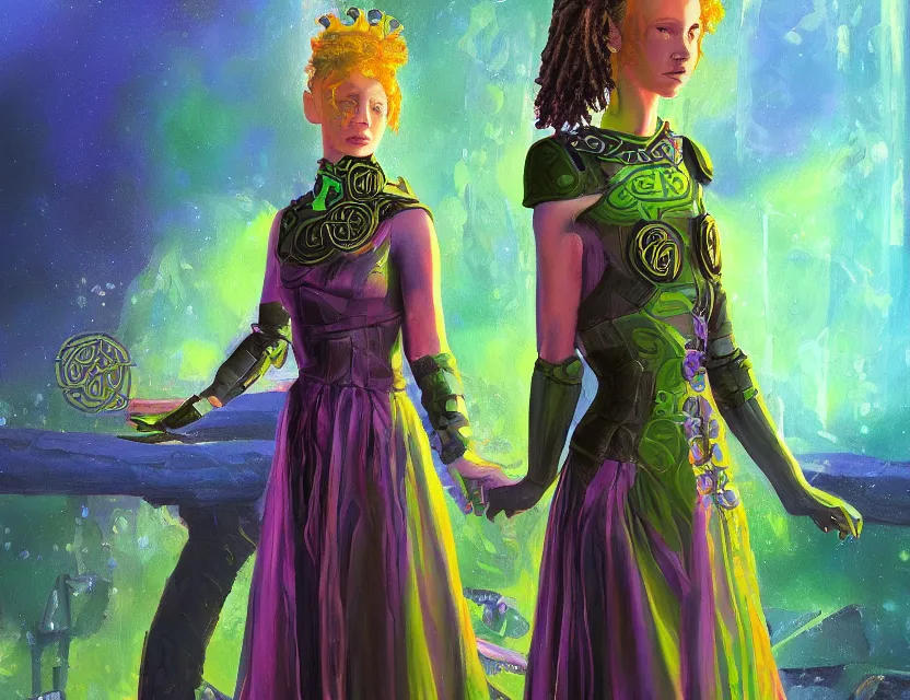 Prompt: celtic scifi princess of the heath, wearing a lovely dress with cyberpunk details. this oil painting by the beloved children's book author has an interesting color scheme and impeccable lighting.