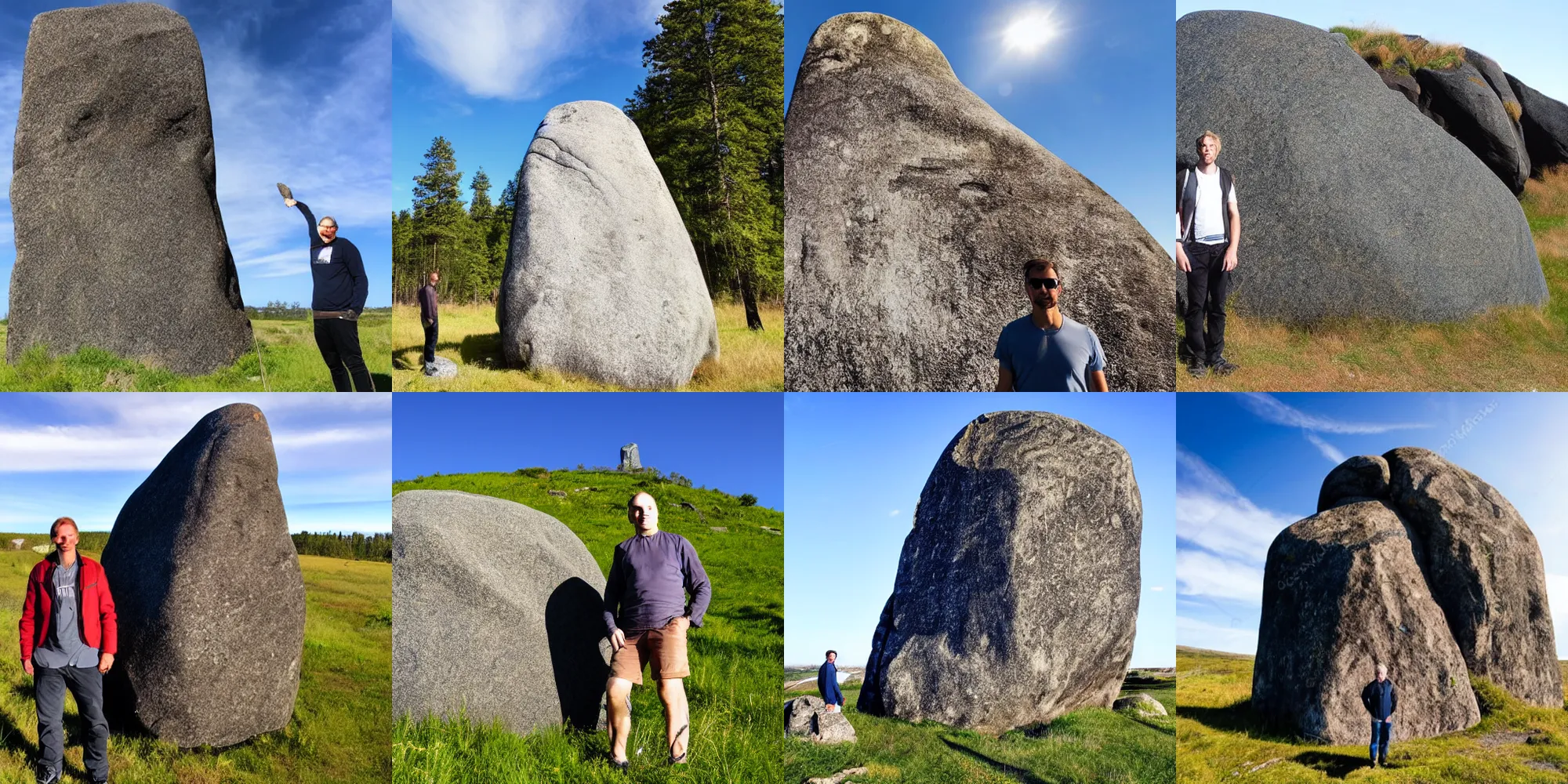 Prompt: swedish man standing next to a large rock monolith with rune inscriptions on top of a grassy mound with a blue sky