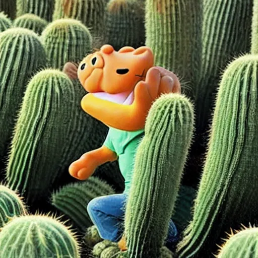 Prompt: garfield fighting a cactus