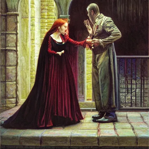 Prompt: woman bows to her vampire master, a sharp realistic painting by donato giancola and berthold woltze.