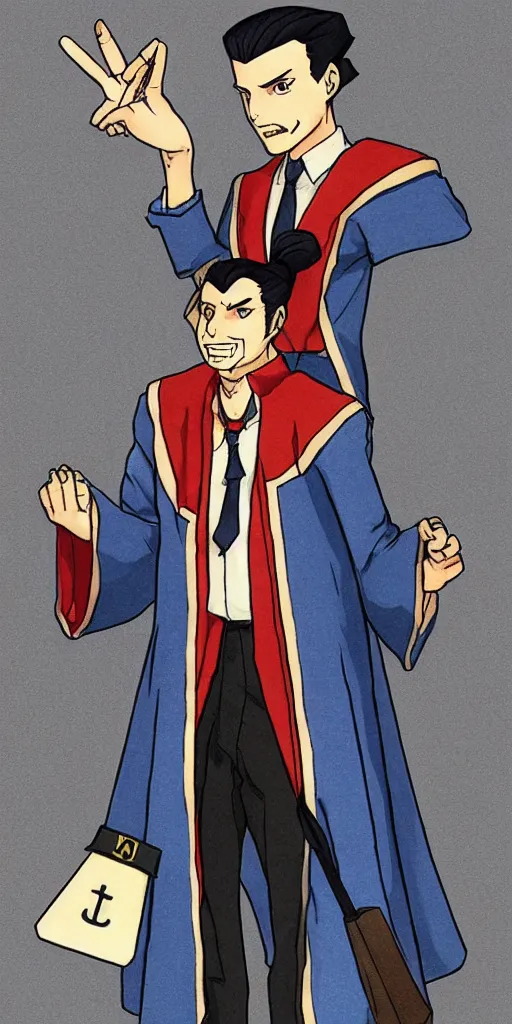 Image similar to the judge from Ace Attorney dressed as justice with a scale in one hand. Tarot card Justice