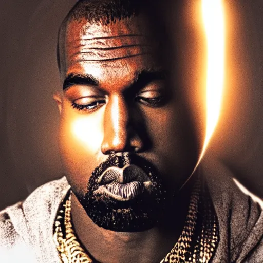 Prompt: Portrait of Kanye West as a god, splash art, cinematic lighting, dramatic, octane render, long lens, shallow depth of field, bokeh, anamorphic lens flare, 8k, hyper detailed, 35mm film grain