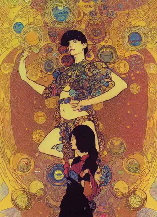 Prompt: fractal cosmonaut girl, poster art by Victor Moscoso Dan Mumford Kilian Eng Hannah Jeffrey Smith Rick Griffin Alphonse Mucha Gustav Klimt Ayami Kojima Amano Charlie Bowater