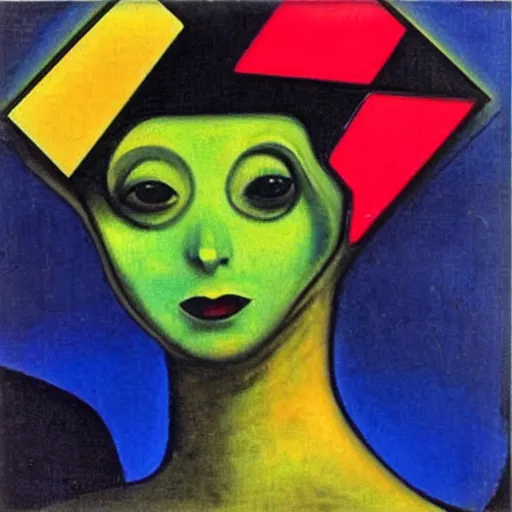 Prompt: “1950’s art deco ‘alien’, female, piet mondrian, midnight palette”