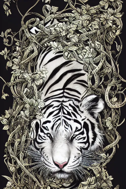 Image similar to ultra realistic full - body white tiger wrapped in vines and white flowers + black paper + elements + white + gold + cyan + baroque + rococo + ink, marc simonetti, paul pope, peter mohrbacher, detailed, intricate ink illustration