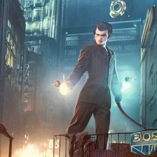 Image similar to screen capture from a live - action bioshock movie. andrew ryan, played by evan peters, is shown standing in an turn of the century style office front of an immense window looking out into the underwater city of rapture. the lights of the city are shining in the distance and an abundance of sea life is shown.