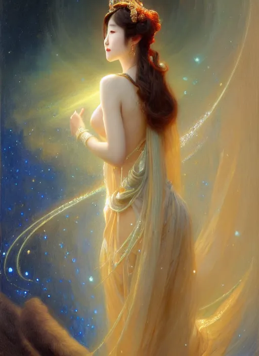 Image similar to young korean woman, goddess of starlight, long flowing hair, modest flowing gown, smug expression, highly detailed painting by gaston bussiere, craig mullins, j. c. leyendecker 8 k, sparkling nebula