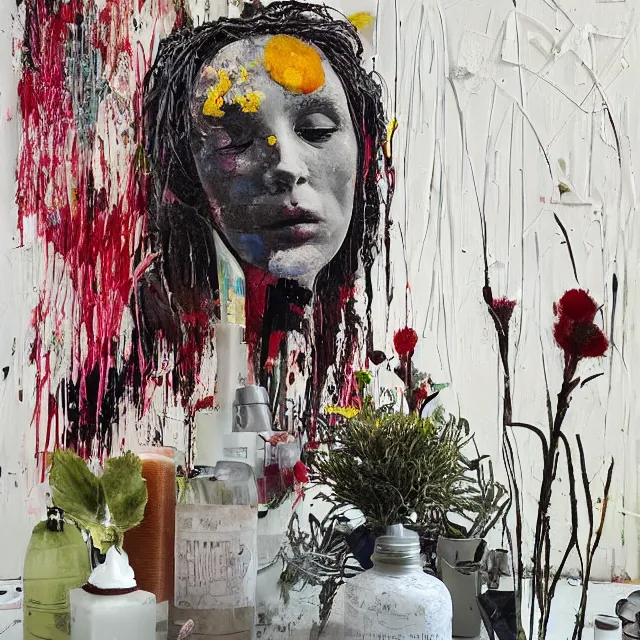 Image similar to “ a portrait in a female art student ’ s apartment, sensual, australian wildflowers, flax, flannel flower, bottlebrush, half - finished sculpture, sculpture work in progress, a candle dripping white wax, clay, squashed berries, berry juice drips, acrylic and spray paint and oilstick on canvas, surrealism, neoexpressionism ”