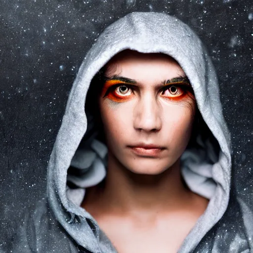 Image similar to medium shot 3 / 4 portrait of a hooded human whose been surgically embellished with computer circuitry and devices, piercing glare in the eyes, dark bokeh in background, light from top right, diverse textures