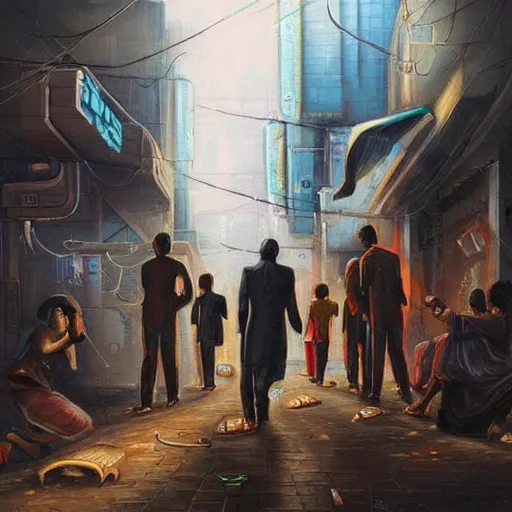 Image similar to beautiful detailed religious oil painting of a war between robotic cyborg Street kids and business people in suits, cyberpunk