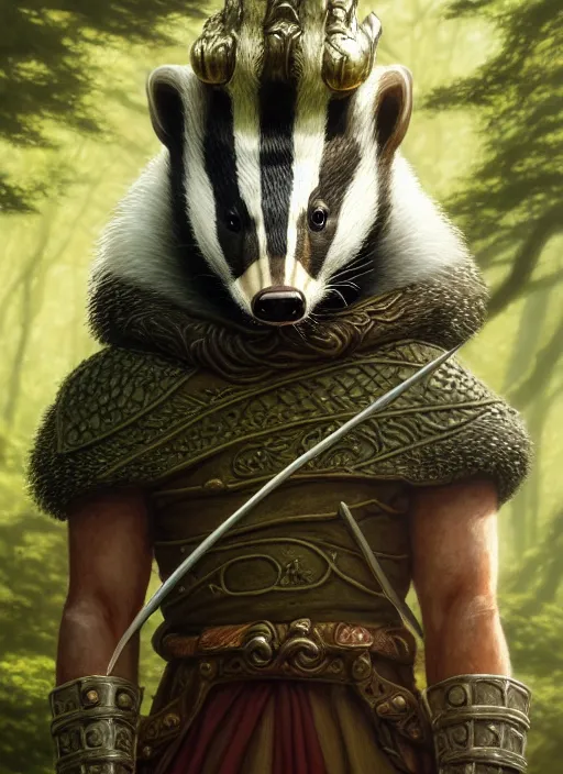 Image similar to a film still portrait of a badger elven king, finely detailed features, cinematic lighting, perfect art, brian jacques redwall woodland, forest, intricate, anime, gapmoe grimdark, artstation, trending on pixiv fanbox, painted by brian jacques greg rutkowski, studio ghibli, 4 k