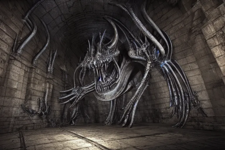 Prompt: realistic balrog at the bottom of a huge long corridor in the mines of moria, 3 d octane render, photorealistic, style of h. r. giger