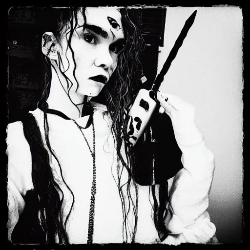 Image similar to A photo of Grimes, taken from her Instagram account, with the caption art is the weapon, in a black and white filter, with a dark and gritty vibe.