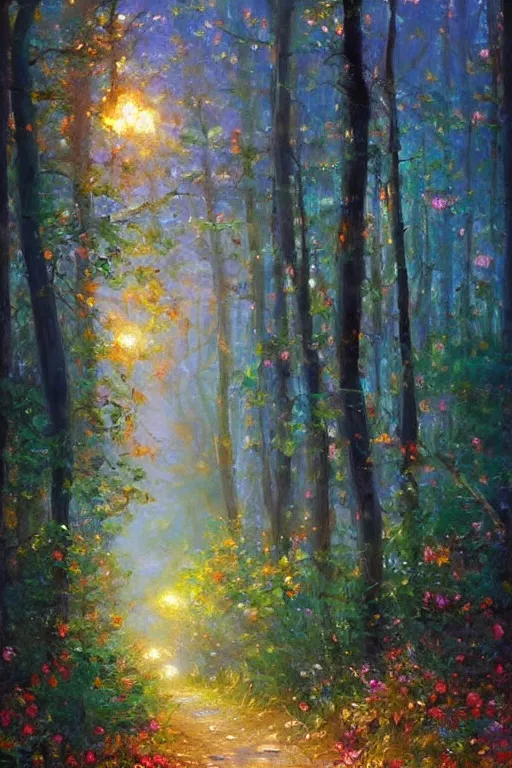 Prompt: a forest of light! and mystery, art by konstantin razumov