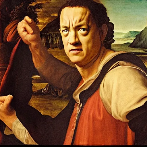 Prompt: renaissance painting of tom hanks as a demon